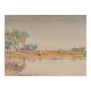 Early 20th Century Lake View Landscape Watercolor Painting