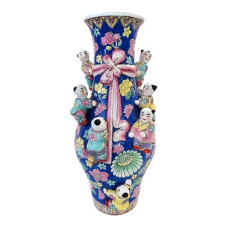 Cobalt Blue Famille Rose Seven Boys Porcelain Vase For Sale