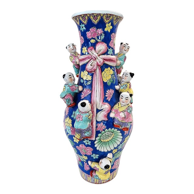 Cobalt Blue Famille Rose Seven Boys Porcelain Vase For Sale