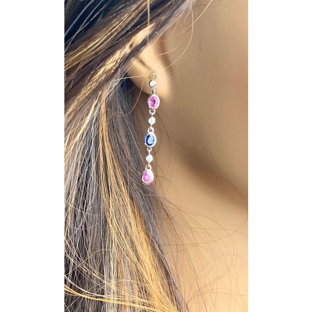 14k White Gold Ceylon Sapphire and Diamond Long Drop Earrings, 1.75", Pair For Sale In New York - Image 6 of 8