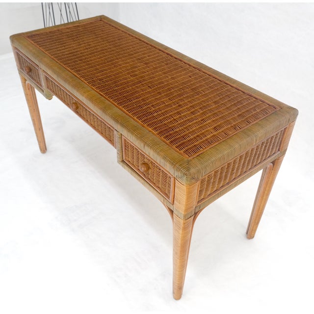 Vintage Mid Century c1970s Wicker Low Profile 3 Drawer Desk Console Mint For Sale - Image 9 of 13