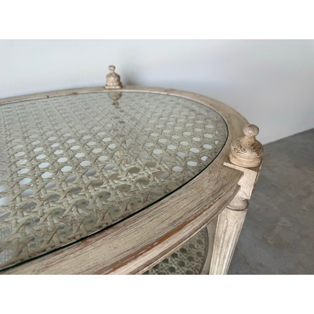 White Vintage French Louis XVI Style Two - Tier Oval Coffee Table With Caning Top For Sale - Image 8 of 12