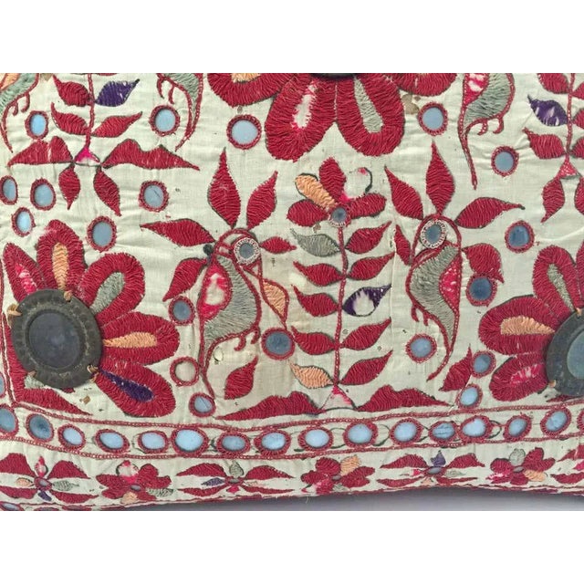 19th Century Rajasthani Silk Embroidered Mirrorwork Pillow With Birds and Flowers For Sale In Palm Springs - Image 6 of 11