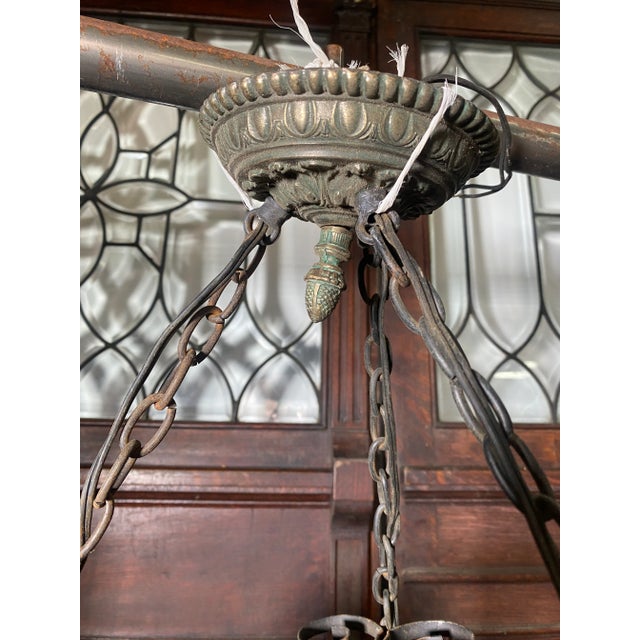 Mid Century Spanish Gothic 3 Pendant Amber Swag Chandelier For Sale - Image 11 of 13