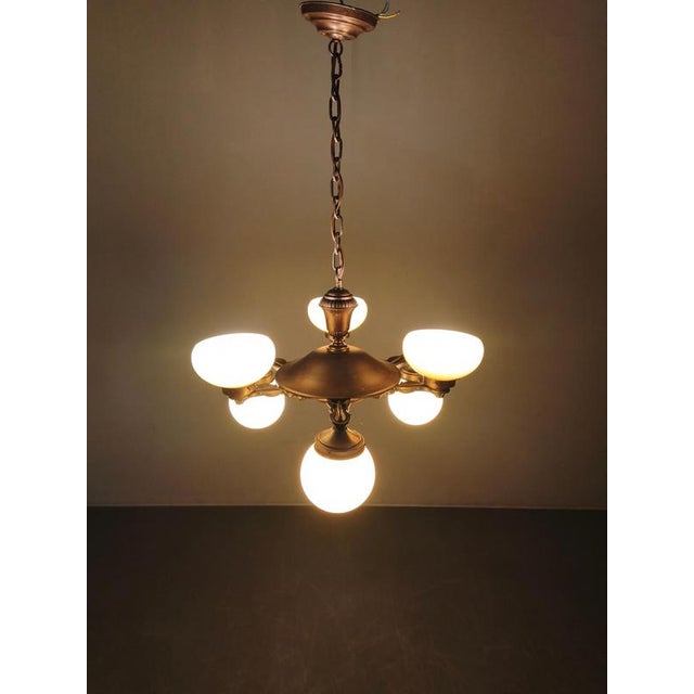 Cream Art Deco Czech Brass Chandelier with Cream Glass, 1920s For Sale - Image 8 of 14