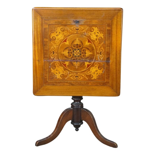 Antique Victorian Mahogany Tilt Top Table Marquetry Inlay Green Man Tripod Stand For Sale