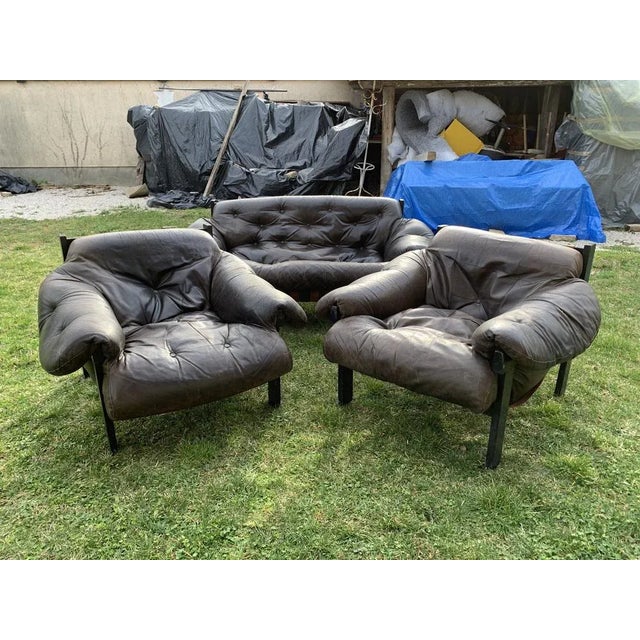 Mid-Century Brown Tufted Leather Armchairs & Ottoman in the style of Percival Lafer, 1960s, Set of 3 For Sale - Image 11 of 11