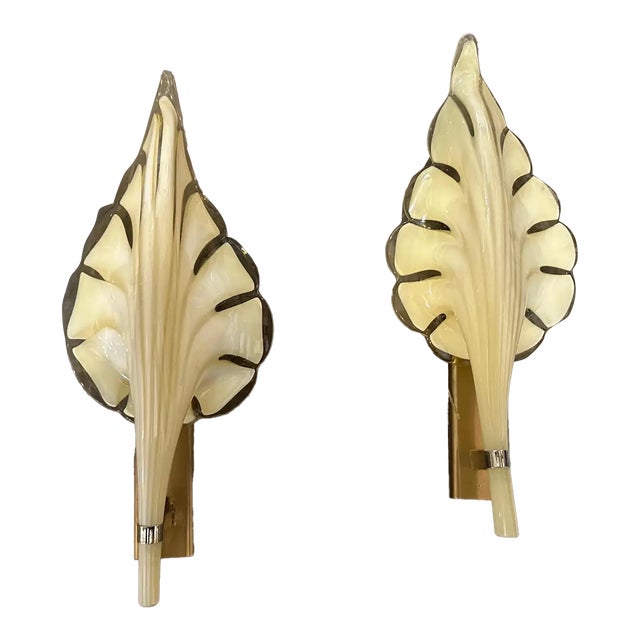 Two 1970s Mid-Century Modern Yellow Murano Glass Leaf Wall Sconce by Franco Luce For Sale