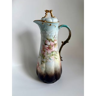 Antique Gda Limoges France Hand Painted Ewer Pitcher With Lid, Signed For Sale