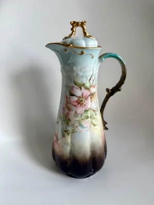 Antique Gda Limoges France Hand Painted Ewer Pitcher With Lid, Signed