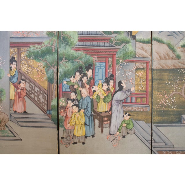 C. 1940s Vintage Chinese Painted Folding Screen "Flying Kites" For Sale - Image 4 of 16