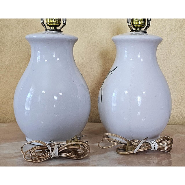 Contemporary Hand‑Painted Floral Ceramic Lamps W/ Faux Leather Shades – Pair For Sale - Image 12 of 18