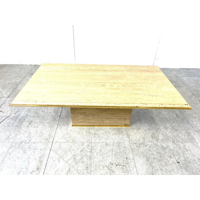 Rectangular travertine coffee table with a brass edge by Fedam Natural travertine stone colour blends in perfectly with...