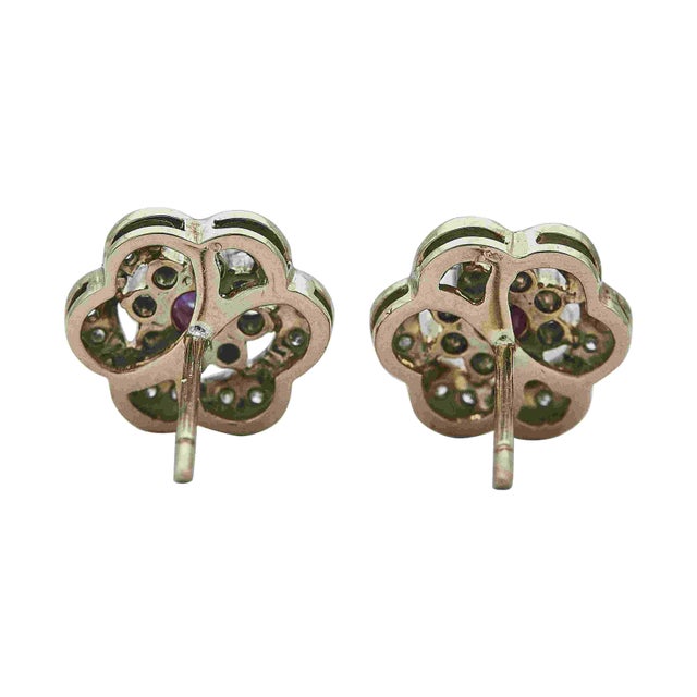 2010s 14 Karat Yellow Gold Floral Ruby and Diamond Earrings, A Pair For Sale - Image 5 of 7
