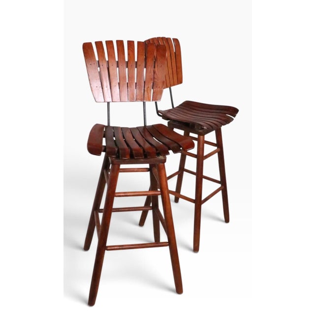 Brown Pair Mid Century Wood Slat Swivel Bar Height Stools by Arthur Umanoff For Sale - Image 8 of 12