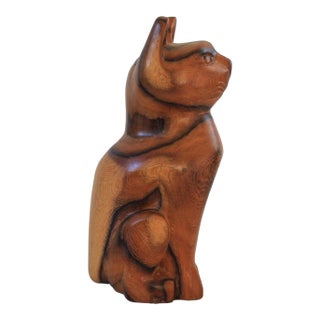 Mid-Century Hand-Carved Solid Wood Vintage Cat Sculpture For Sale