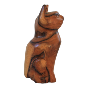 Mid-Century Hand-Carved Solid Wood Vintage Cat Sculpture