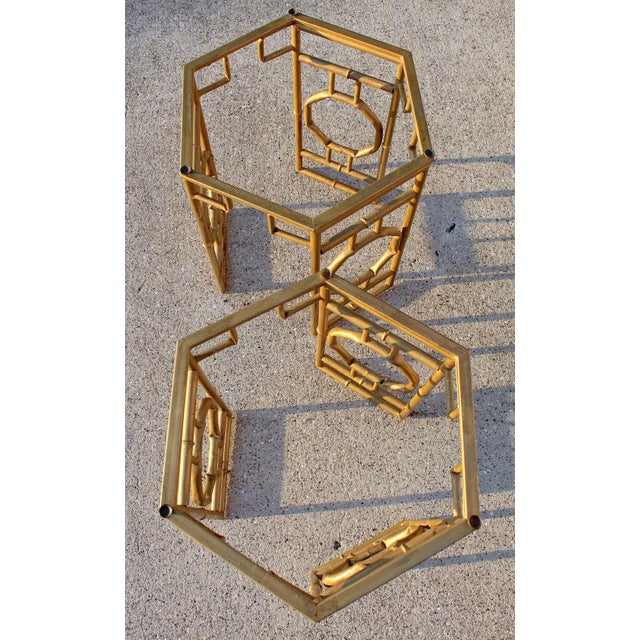 Vintage Hollywood Regency Gold Gilt Metal Chinoiserie Side Tables – Pair For Sale - Image 10 of 15