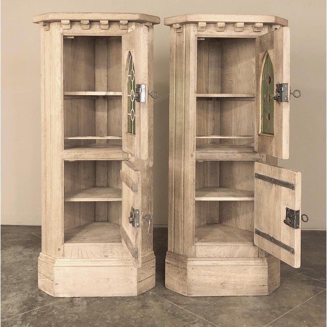 Pair Rustic Gothic Revival Oak Corner Wine Cabinets ~ Vitrines For Sale - Image 9 of 17