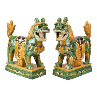 Large Pair of Asian Standing Glazed Guardian Lions For Sale