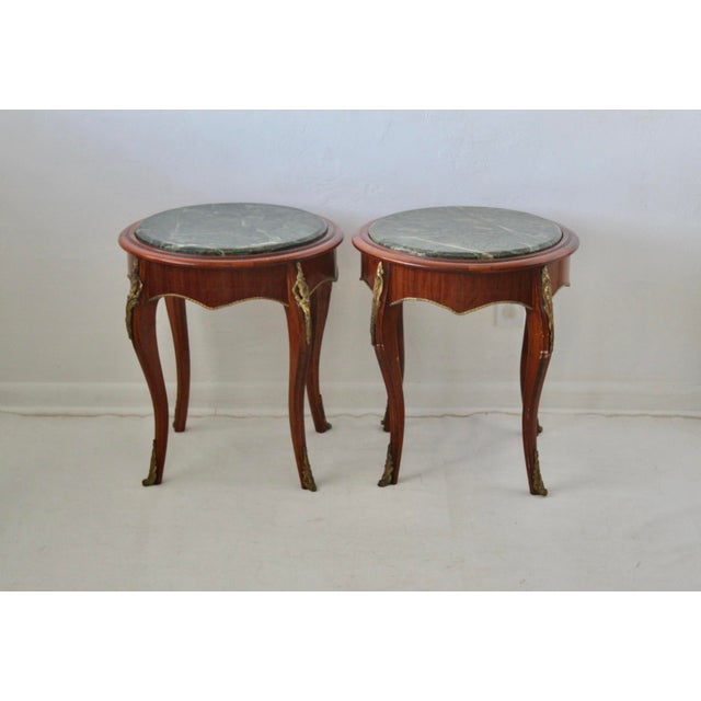 Late 20th Century French Louis XV Style Occasional Side Tables Feature Green Marble Tops, Non-Identical-a Pair For Sale In Miami - Image 6 of 18