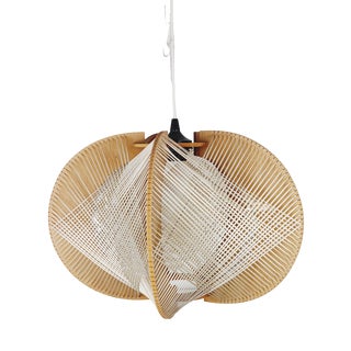 Vintage Pendant Light in Wood and Wicker, 1980s For Sale