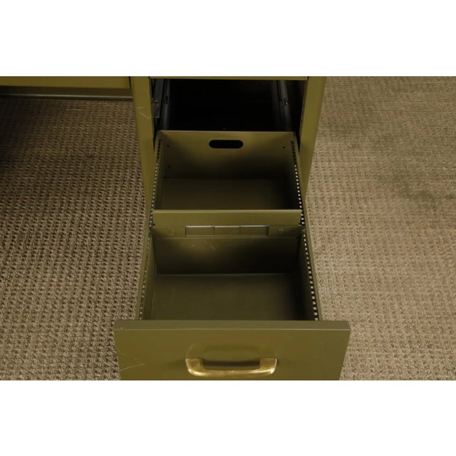 Mid-Century Modern Steel Tanker Desk in Olive Green W Glass Top and Brass, 1960s For Sale - Image 18 of 18