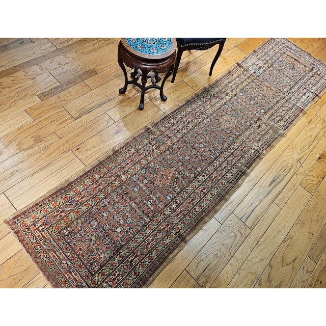 Antique Persian Serab Camel Hair Runner Rug, Hand-Knotted Wool, Allover Geometric Pattern, Red & Green, 3x12 For Sale - Image 9 of 18