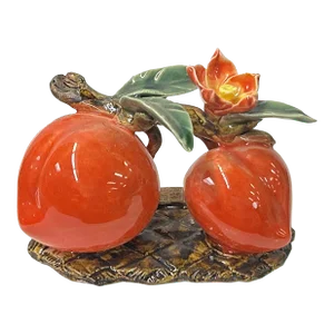 Ceramic Orange Red Double Peach W Leaf Flower Display Art Figure