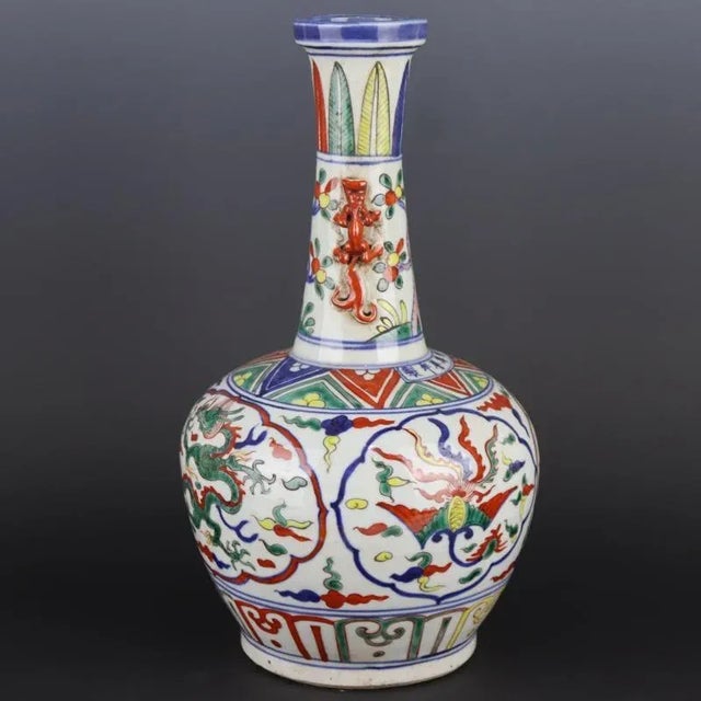 Chinese Vintage Ceramic Vase,Ming Dynasty Wanli Marked Blue and White Doucai Porcelain Dan Ping Vase Hand Painted Dragon Phoenix Pattern For Sale - Image 4 of 9