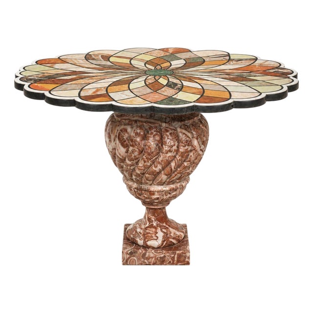 Early 20th C. Italian Pietra Dura Geometric Flower Center Table W/ Marble Base For Sale