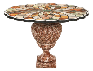 Early 20th C. Italian Pietra Dura Geometric Flower Center Table W/ Marble Base