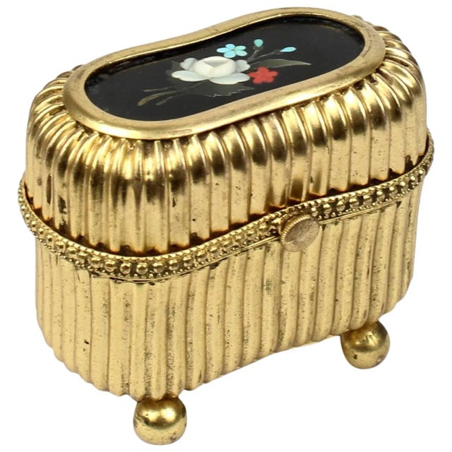 Small Victorian Gilt Metal Dresser or Ring Box with a Pietra Dura Plaque For Sale - Image 10 of 10