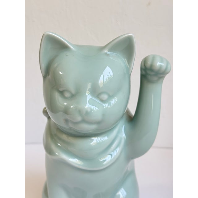 Mid 20th C. Gumps of San Francisco Celadon Glazed Porcelain Maneki-Neko Lucky Cat Figure For Sale - Image 9 of 9