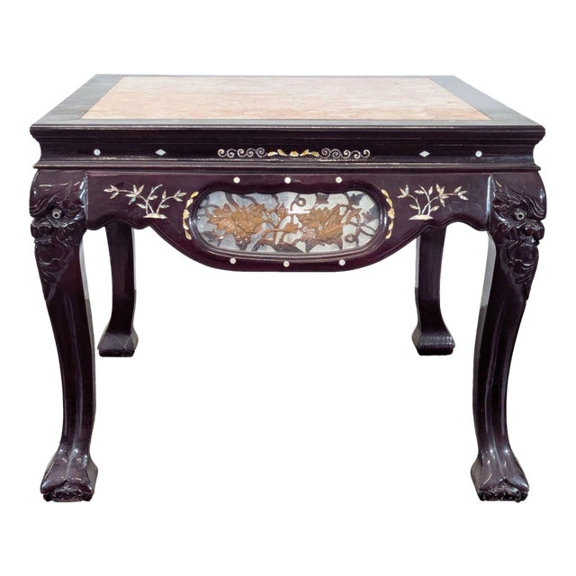 Vintage Chinese Marble Top End Table With Unique Carvings For Sale