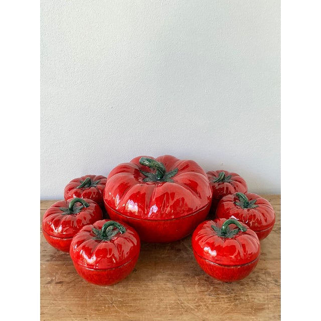 Vintage 1960s Italian Glazed Ceramic Tomato Lidded Bowls - Set of 6 For Sale - Image 10 of 11