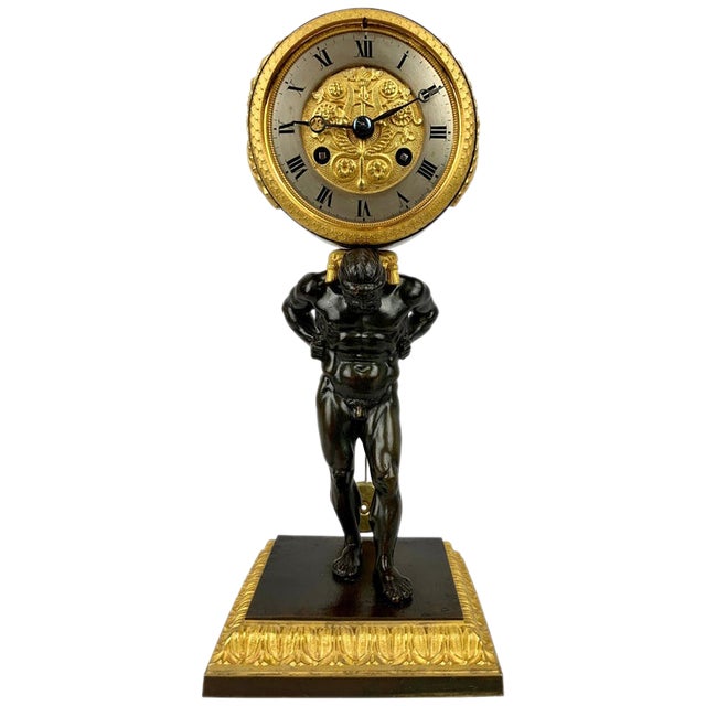 Early 19th Century Empire Period Bronze Doré and Patinated Bronze Clock Depicting Atlas For Sale