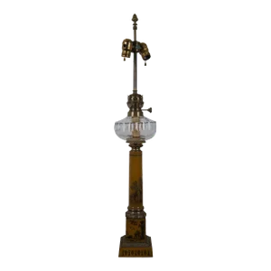 1960s Italian Neoclassical Yellow Toile Corinthian Column Oil Lantern Style Table Lamp