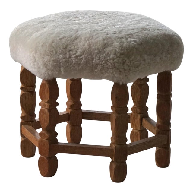 Mid-Century Modern Danish Hexagonal Oak Stool with Shearling Lambswool Upholstery, 1950 For Sale
