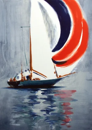 Doug Lew "A Breeze at Last" Hand Signed Lithograph Art Sailboat, 1984