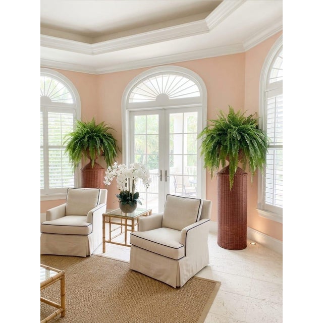 Pair of Vintage Woven Wicker Column Pedestals & Hourglass Urn Planters For Sale - Image 12 of 12