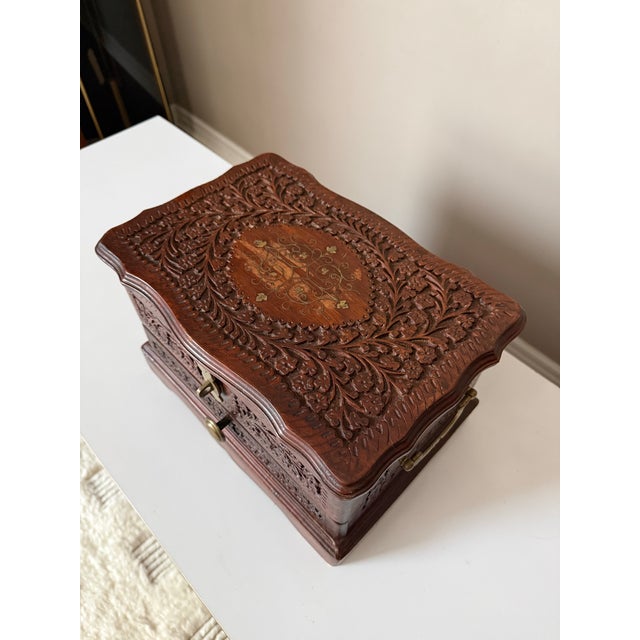 Vintage Hand Carved Imported Mahogany With Brass Inlay Jewelry Box For Sale - Image 4 of 10