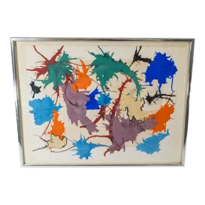 Mid-Century Modern Abstract Expressionist Gouache on Paper Painting, Signed
