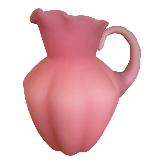 Vintage Fenton Pink Satin Melon Ribbed Pitcher With Ruffled Top For Sale