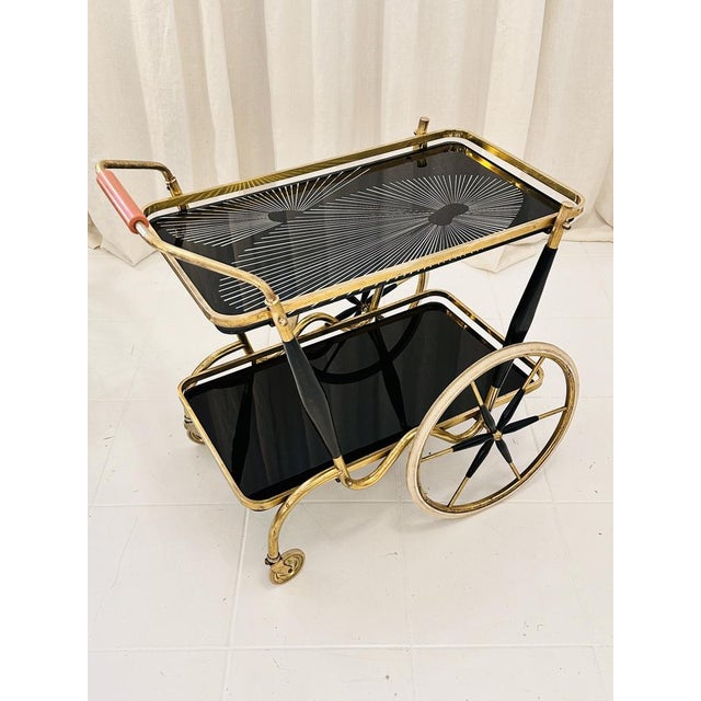 1950s Art Deco Brass and Black Glass Serving Bar Trolley, 1950s For Sale - Image 5 of 18