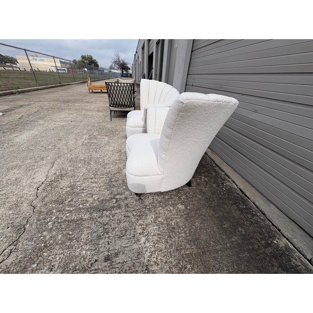 White Pair of Asymmetrical Channel Back Lounge Chairs For Sale - Image 8 of 14