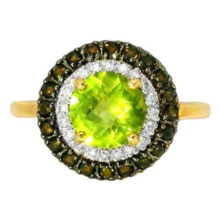 Late 20th Century 14K Yellow Gold Peridot Smokey Quartz Diamond Ring Band, Size 7 For Sale
