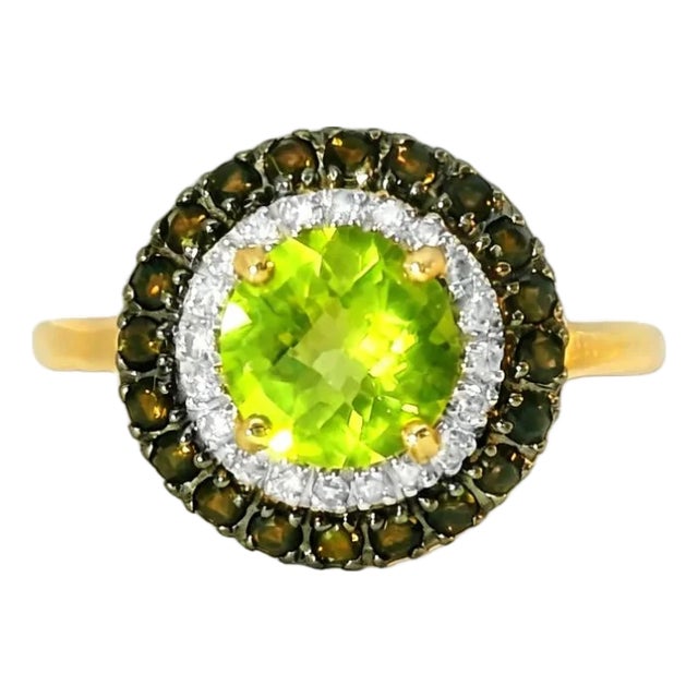 Late 20th Century 14K Yellow Gold Peridot Smokey Quartz Diamond Ring Band, Size 7 For Sale