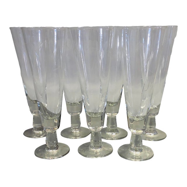Midcentury Clear Etched Ocean Cattails Pilsner Beer Glasses S/7 For Sale