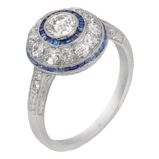 Early 20th Century Art Deco Inspired Old European Cut Diamond Sapphire Platinum Halo Ring, Size 7 For Sale